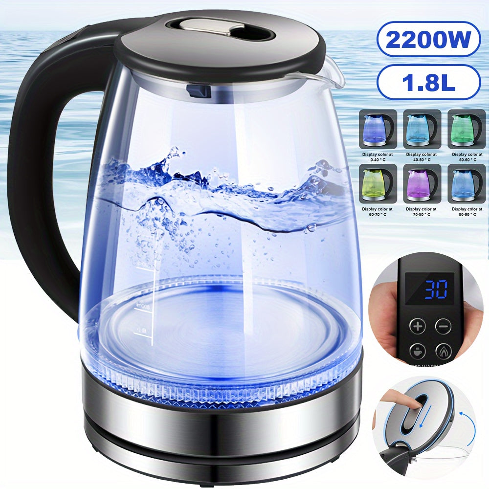 1.8L Smart Temperature Control Glass Electric Kettle with LED Lighting, Fast Boil, Swivel Base, 7 Color Modes, Black, UK Plug, 2200W High Power, Anti-Dry Burning, Leak/Short Circuit Protection, Adjustable Temperature Kettle |