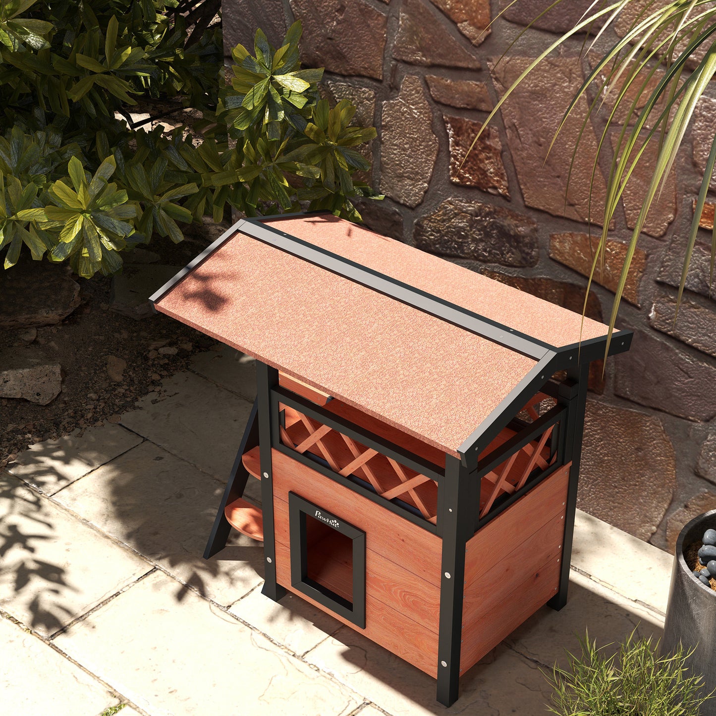 Outdoor Cat House Kitten Shelter Puppy Kennel with Balcony Stairs Asphalt Roof, 77 x 50 x 73 cm