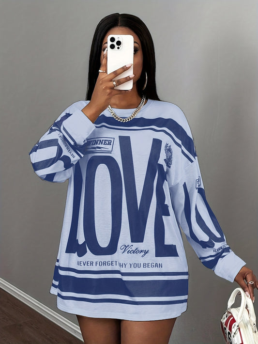 For Curvy Ladies Girls UK 18-26 Plus Size - 7 Colors Casual Oversized Women's American Street Style Long Sleeve Top Stripe Elements, Comfortable Fabric, All-Season, Crew Neck