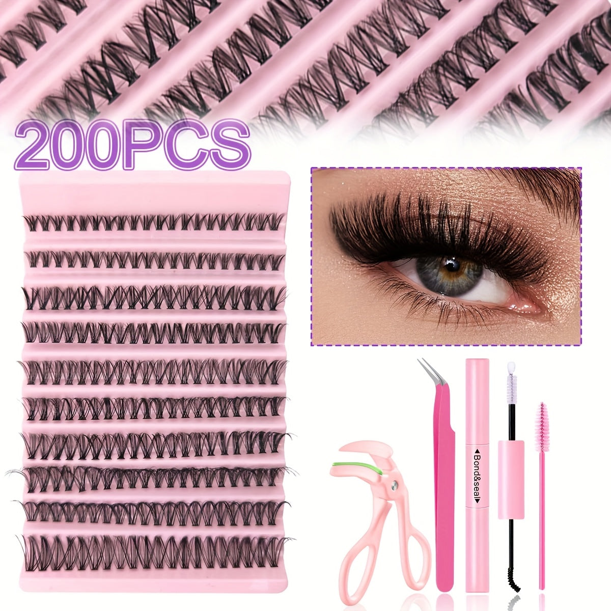 200/800pcs Full Set Eyelash Extensions Kit with Glue, Tweezers, Lash Brush & Curler - Natural & Eye Styles, Multiple Lengths, 0.07mm Thickness, Eyelash Extensions for Women, Eyelash Extensions Supplies, Eyelash Extensions Kit
