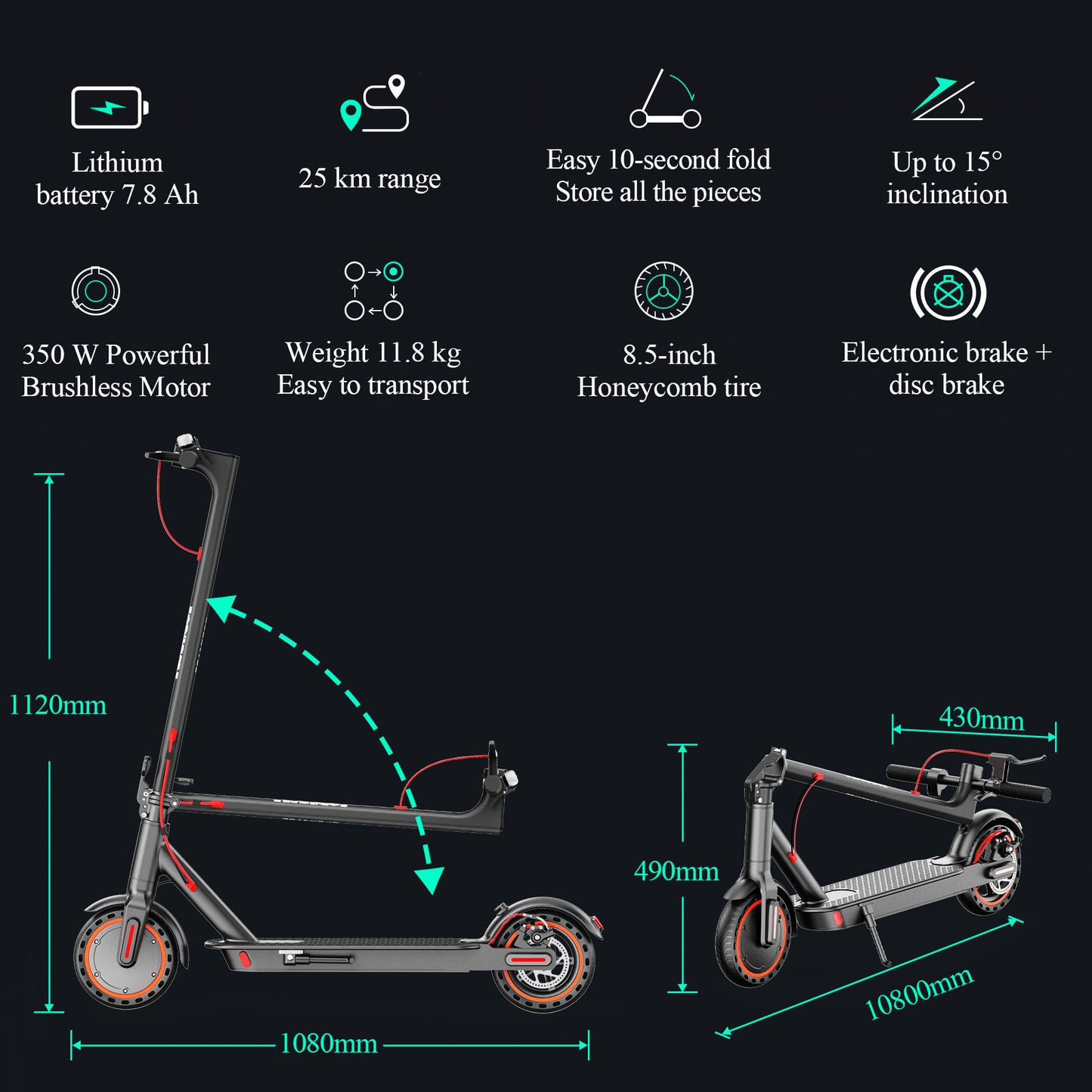 Electric Scooter Adult, 30km Range, 8.5" Ultra Light Electric Scooters For Adults And Teens, 350W Motor, 36V 7.8Ah Battery, 3 Speed Mode