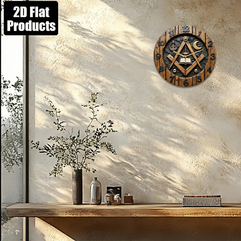 Masonic/Architect's Square-Themed Wall Clock Featuring Large Black Hands And Golden Numbers - Silent with No Ticking Sound, Includes Masonic Symbols (Compass, Square, Trowel) - Battery-Operated (AA Batteries Not Included)