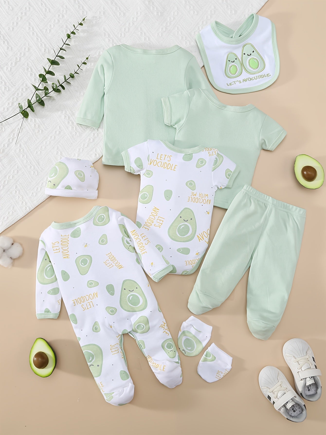 8pcs Set for Boys And Girls Featuring a Comfortable And Soft Cartoon Avocado Print for Spring And Summer, Including Long Romper, Hat, Bib, Socks, Pants, Jacket, Top, And Triangle Bodysuit, for Outdoor