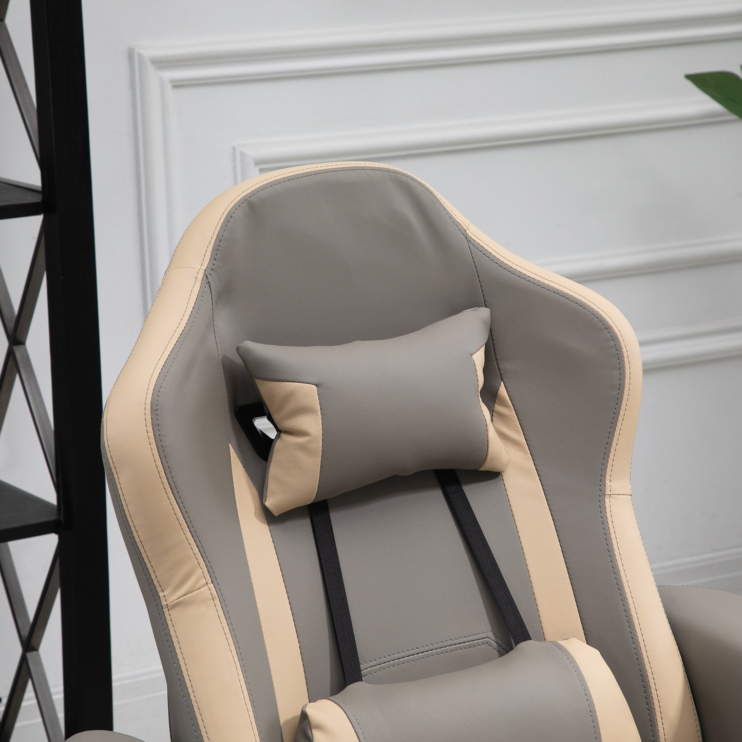 Manual Reclining Gaming Chair, Swivel Racing Video Gaming Recliner with Footrest, Headrest and Cup Holder, PU Leather Armchair with Storage Pocket, Grey