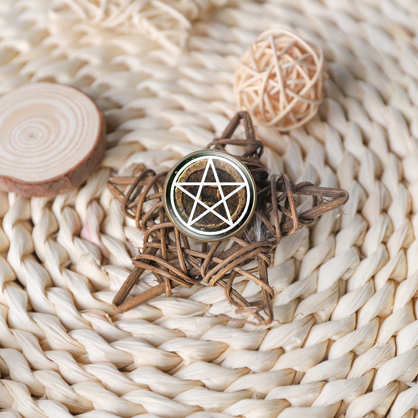 Pentagram Secret Society (unisex Wide-band Ring with Inlaid Patterns), Featuring a Mysterious Pentagram Design with a Vintage Metallic Finish and Circular Motif on a Dark Background. The Adjustable Width Ensures Comfortable W