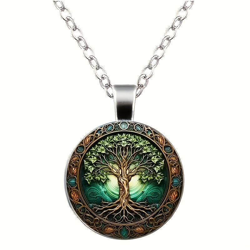 1pc Vintage Glow-in-the-Dark Tree of Life Necklace - Stainless Steel & Glass Zinc Alloy, Bohemian Style, Ideal for Daily Wear or Gifting, Tree Of Life Jewelry