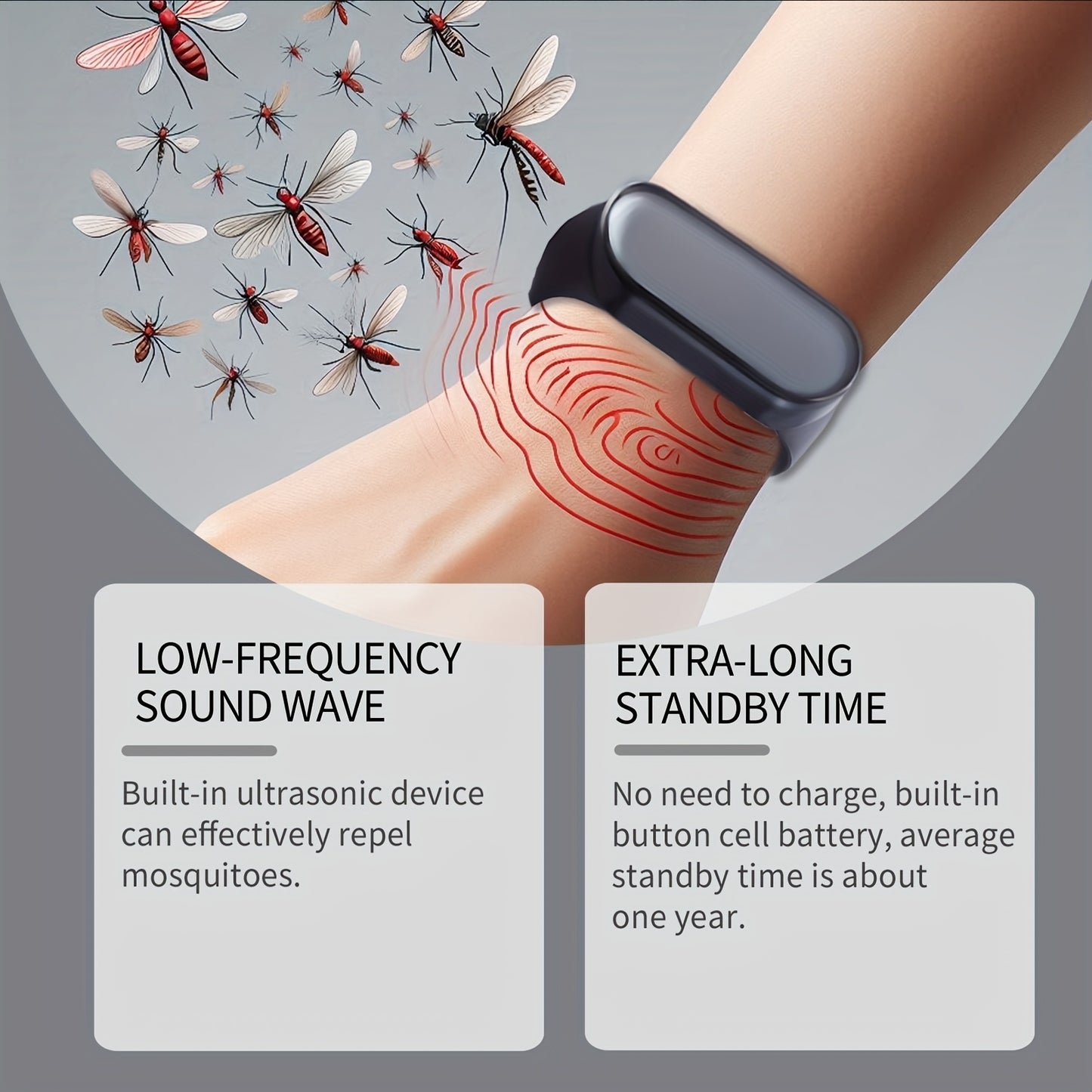 Electronic Mosquito Repellent Bracelet, Black, Fishing Mosquito Repellent, Comfortable to Wear, Physical Mosquito Repellent, Chemical-Free, Fashionable and Versatile, Unisex, 1 Piece
