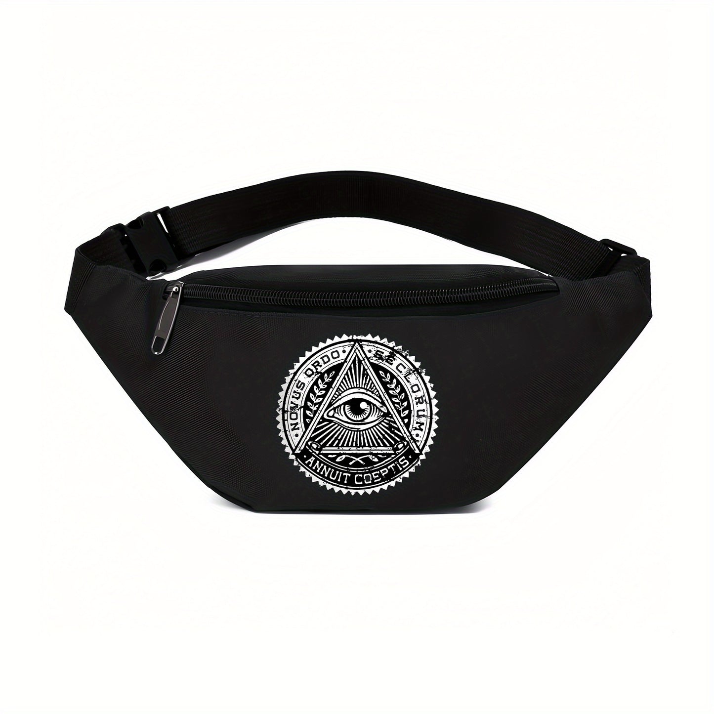 Illuminati Eye Magic Triangular Secret Society Waist Bag - Adjustable, Shoulder Bag for Men & Women - Perfect for Hiking, Running & Cycling - Black Oxford Fabric with White Geometric Design, Running Belt Bag | Mystical Design