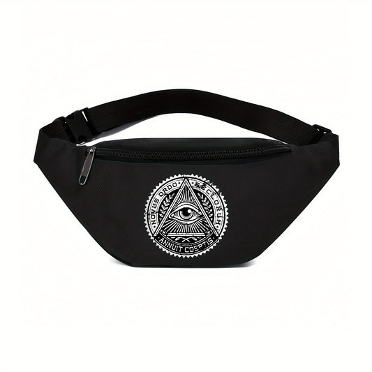 Illuminati Eye Magic Triangular Secret Society Waist Bag - Adjustable, Shoulder Bag for Men & Women - Perfect for Hiking, Running & Cycling - Black Oxford Fabric with White Geometric Design, Running Belt Bag | Mystical Design