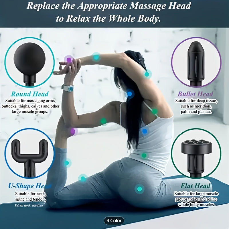 4-Head Interchangeable Massage Gun, 6 Adjustable Levels, LCD Display, Low Noise, USB Rechargeable, Perfect Holiday Gift!