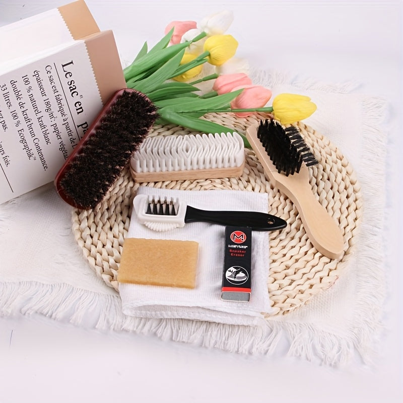 NEW 7pcs Variety Shoe Brush Kit - Double-Sided Shoe Polish Applicator & Horse Hair Brushes for Polishing - Nubuck & Suede Brush for Shoes, Soft Leather Cleaning with Microfiber Cloth