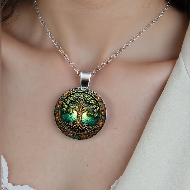 1pc Vintage Glow-in-the-Dark Tree of Life Necklace - Stainless Steel & Glass Zinc Alloy, Bohemian Style, Ideal for Daily Wear or Gifting, Tree Of Life Jewelry