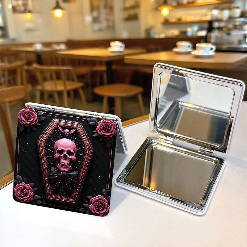 Gothic Skull Coffin Compact Mirror - A Dual-Sided Folding for Makeup Mirror, Perfect for Travel, Featuring Rose Embellishments, Ideal for Halloween Gothic Style, a Pocket Mirror for Women, And a Distinctive Gift for Makeup En