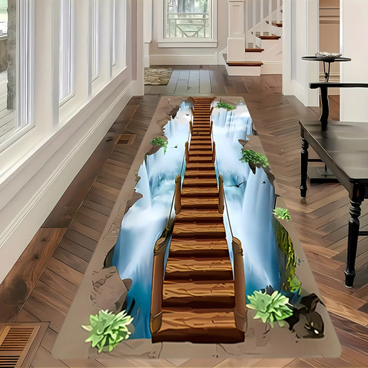 3D Wooden Bridge Carpet Featuring a Cliff Waterfall Landscape Pattern, Machine Washable Rectangular Runner Rug Suitable for Bedroom, Bathroom, Living Room, And Hallway Decor - Lightweight Home Decorative Rug 2D Flat