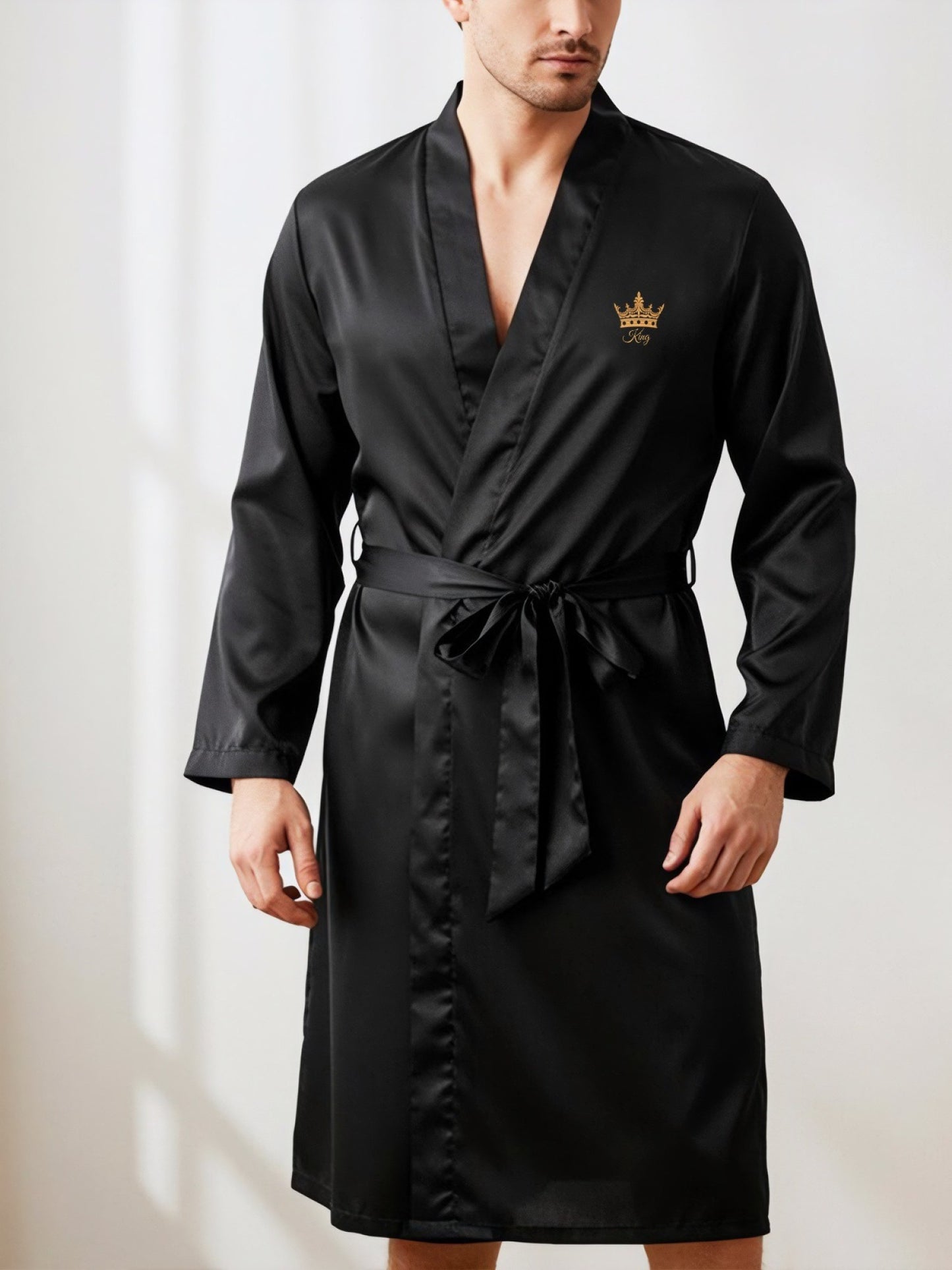 New Men's Smooth Soft Comfortable Plain Color Robe with DIY Customized Pattern, V-neck, Long Sleeves, Belted Elegant Simple Casual Ideal Choice for Wedding and Party Men's Pajamas Home Clothes Regular Models in Spring, Summer