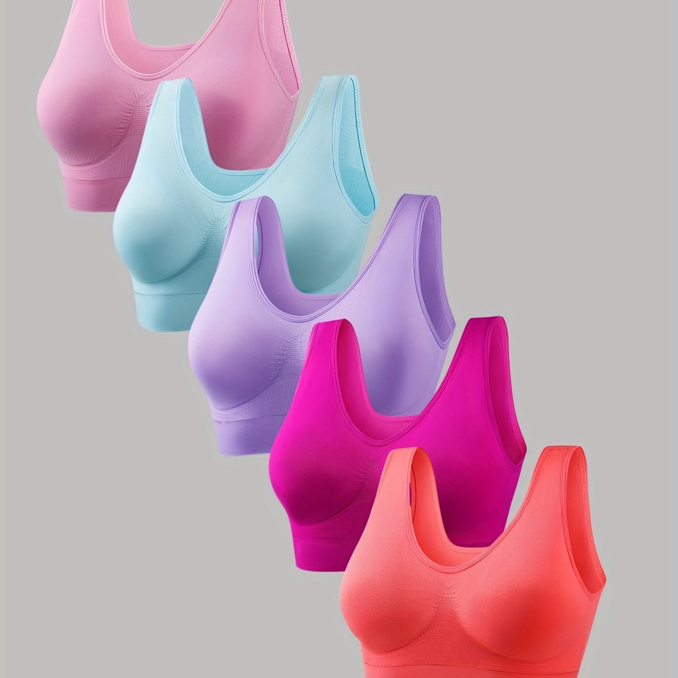 5 PCS Set S-2XL Plus Size Women's Sports Bras Set,  Solid Non Padded Seamless Running Versatile Bralette Outdoor Fitness Gym Yoga Pilates Bra Tops Big Girls Underwear Sets Sports Apparel Accessories