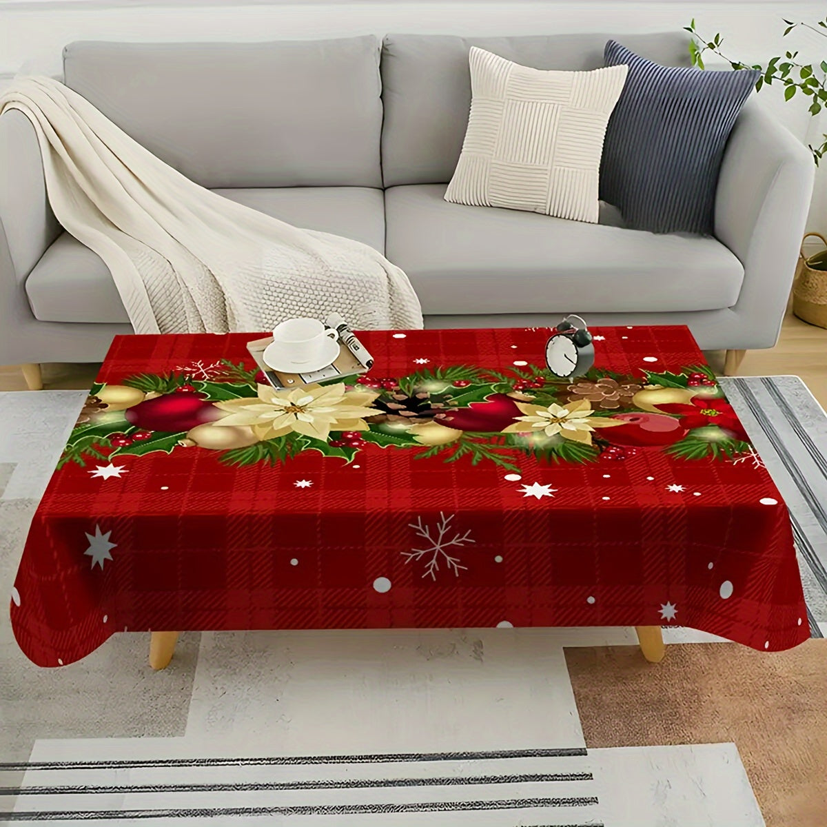 1PC Red and White Plaid Christmas Decorative Print Foldable Easy Storage Tablecloth, Suitable for Kitchen, Dining Room, Holiday, Party