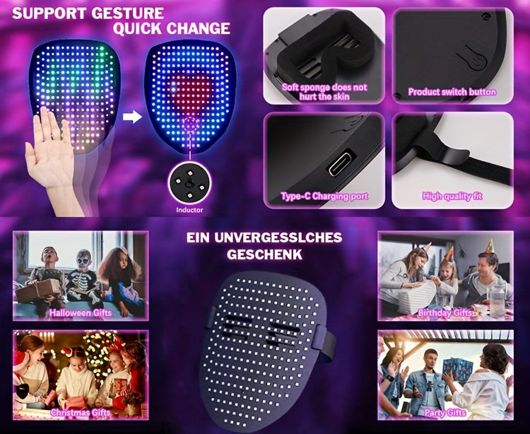 LED Mask with Gesture Sensing Light up Face Transforming LED Halloween Mask for Men Women Costume Cosplay Party, Halloween Costume, Party Accessory, Fun Costume, Interactive Mask, Durable Material, Lightweight Mask, Motion Ac