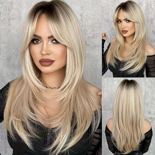 NEW Chic Blonde Ombre Wig for Women - Layered Long Curly Synthetic Hair with Dark Roots, 130% Density, Rose Net Cap