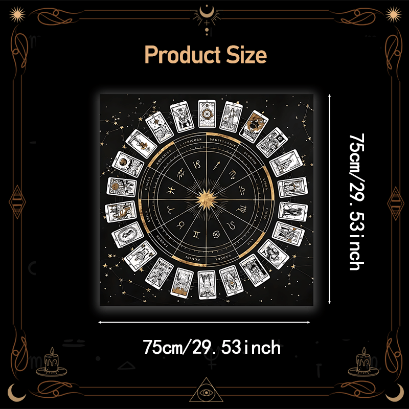 Zodiac Chart Tarot Tablecloth - Black & Golden Astrological layout with 12 Zodiac Signs - Heavy-Duty Machine-Washable Polyester Altar Cloth for Tarot, Astrology, Witchcraft, Meditation - Multiple Sizes (50x50/60x60/75x75/80x8