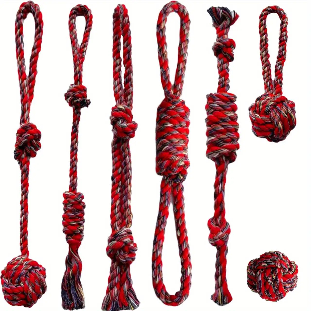7 PCS Set of Red Dog Chew Rope Knot Toys, Durable Training Interactive Dog Rope Toys, Suitable for Various Sizes of Dogs for Play and Interaction. Multifunctional Teeth Grinding Rope, Indoor and Outdoor Training and Teeth Cle