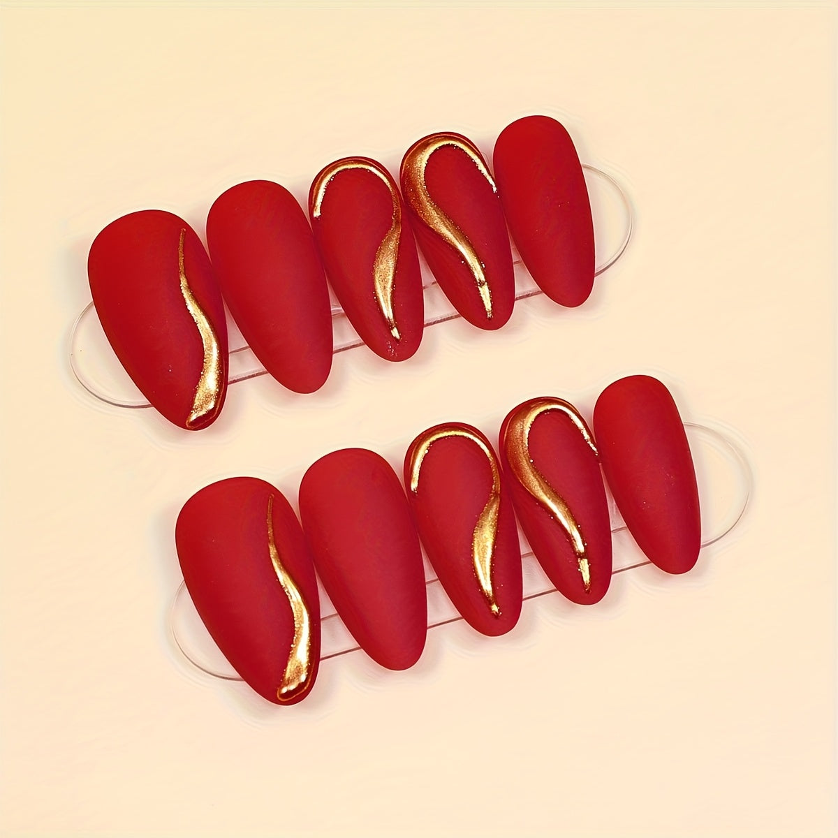 24 PCS Set Red Matte Almond Press-on Nails with Golden Accents & 3D Heart Detail | Perfect for Valentine's Day & Party Looks, Easy to Apply &, ABS Material