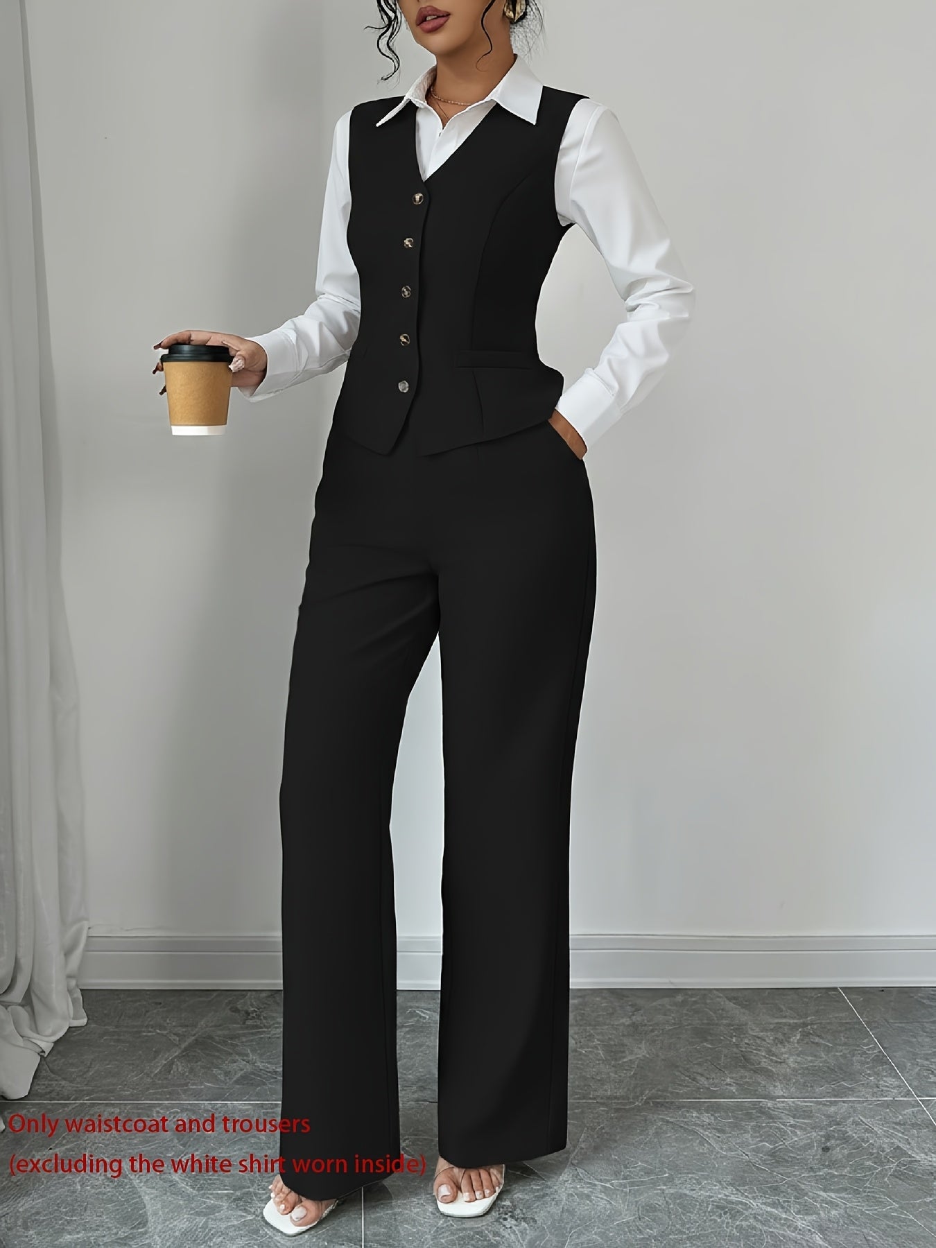 2 PCS Set UK 8-18 Size 5 Colors New Summer Women's Casual Elegant Chic Solid Color Sleeveless Single-Breasted Waist-Cinching Vest + High-Waist Wide-Leg Pants