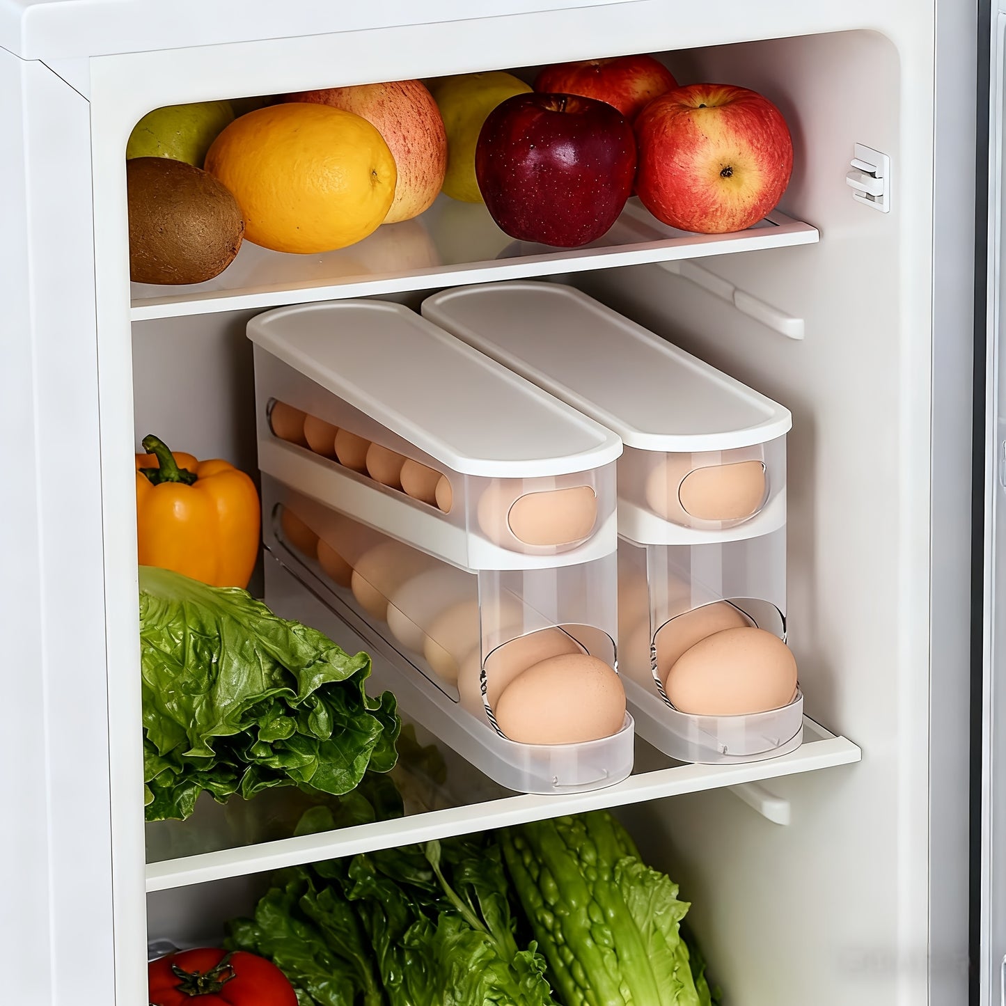 Space-Saving Refrigerator Side Door Rolling Egg Storage Box - Durable Plastic, No Batteries Needed, 2-Tier Transparent Compartments for Easy Egg Access & Organization, Kitchen & Fridge Organizer, Egg Organizer for Refrigerato