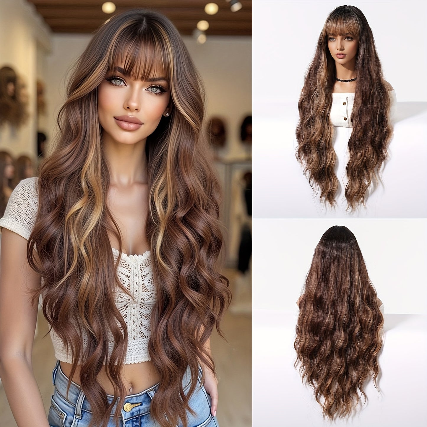 Elegant 81.28cm Brown Curly Wig with Bangs for Women - Soft, Heat-Resistant Synthetic Hair, Perfect for Daily Wear & Special Occasions
