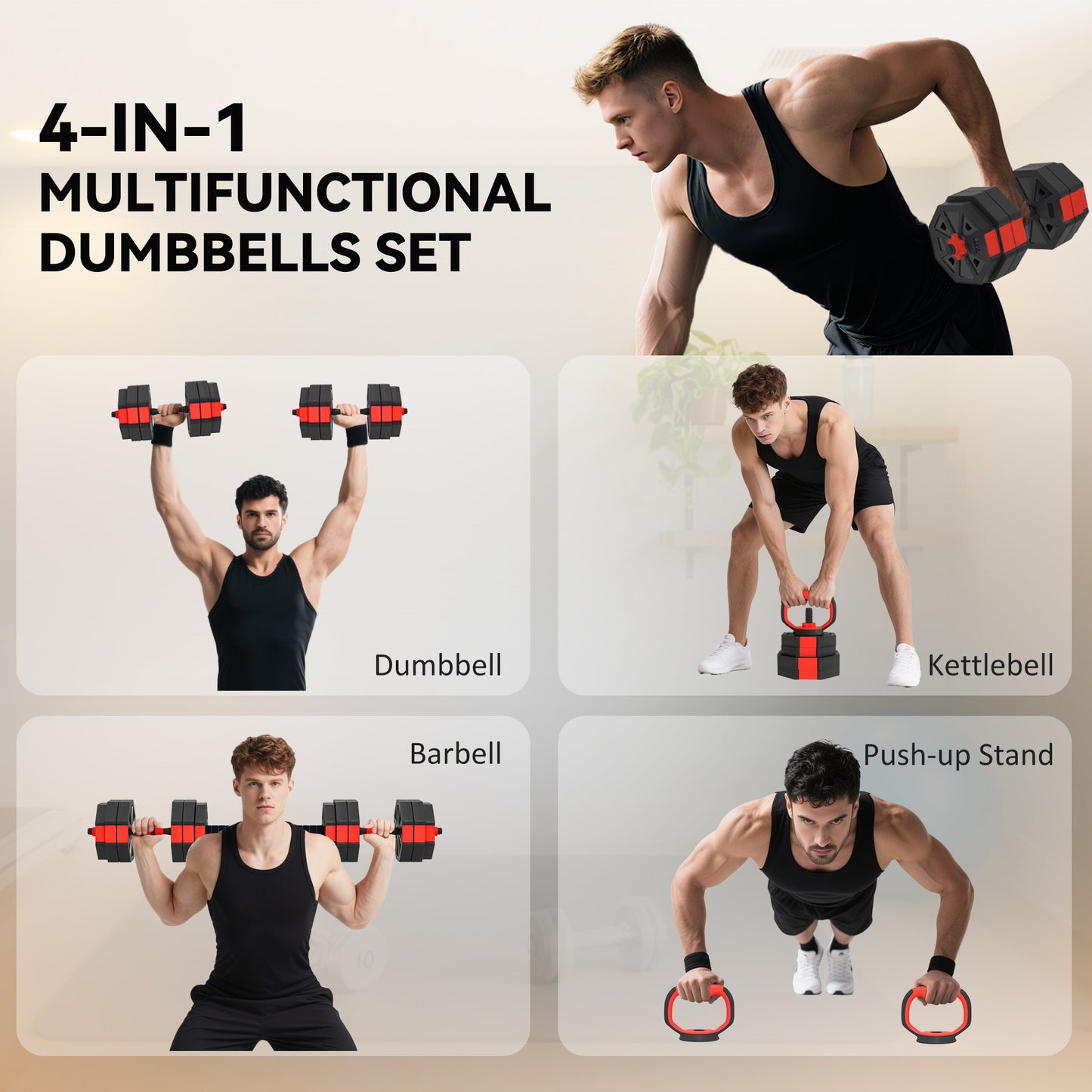 For Home Gym 6-in-1 Set Adjustable Weight Dumbbells Set, Used as Kettlebell, Barbell, Dumbbell, Push-Up Stand, 30kg Free Weights Set for Men and Women Home Gym Training, Sports Accessories