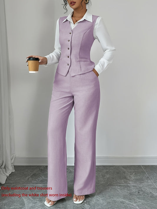 2 PCS Set UK 8-18 Size 5 Colors New Summer Women's Casual Elegant Chic Solid Color Sleeveless Single-Breasted Waist-Cinching Vest + High-Waist Wide-Leg Pants