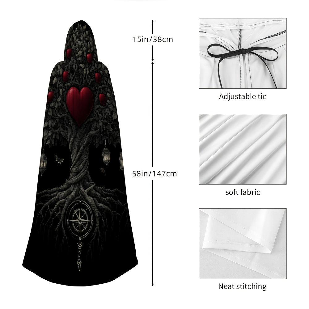 Women's Gothic Witch Cape Robe Costume - Long Flowing Dark Robe with Heart Tree & Pentagram Design, Flowing Cape - Heavy-Duty Fabric for Cosplay, Themed Parties, Medieval/Fantasy Events - Magical Attire for Wiccan & Witchy Ev
