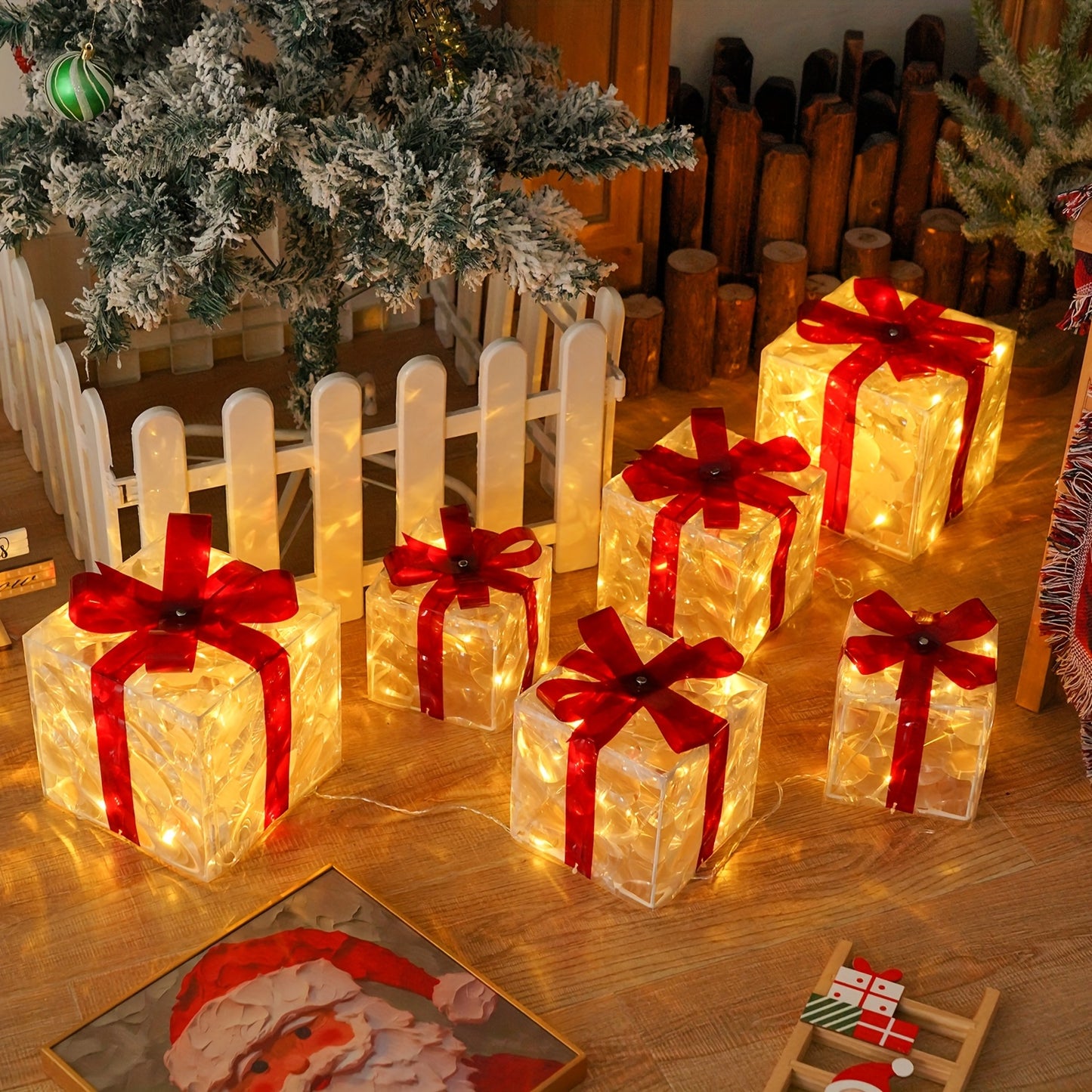 3PCS Set  Christmas Gift Box Light Set, Battery/USB Powered Transparent Warm Light Christmas Box with 8 Flashing Modes, Includes Timer Function, Suitable for Indoor Living Room Patio Party Christmas Tree Valentine's Day Chris