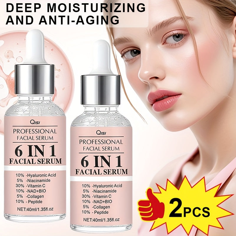 This Set Includes 2 Bottles of 6 IN 1 Facial Serum, Featuring Hyaluronic Acid, Collagen, Niacinamide, Peptides, And NAD+BIO. It Offers a Firming And Moisturizing Formula Suitable for All Light Skin Tones, Is Non-Irritating, A