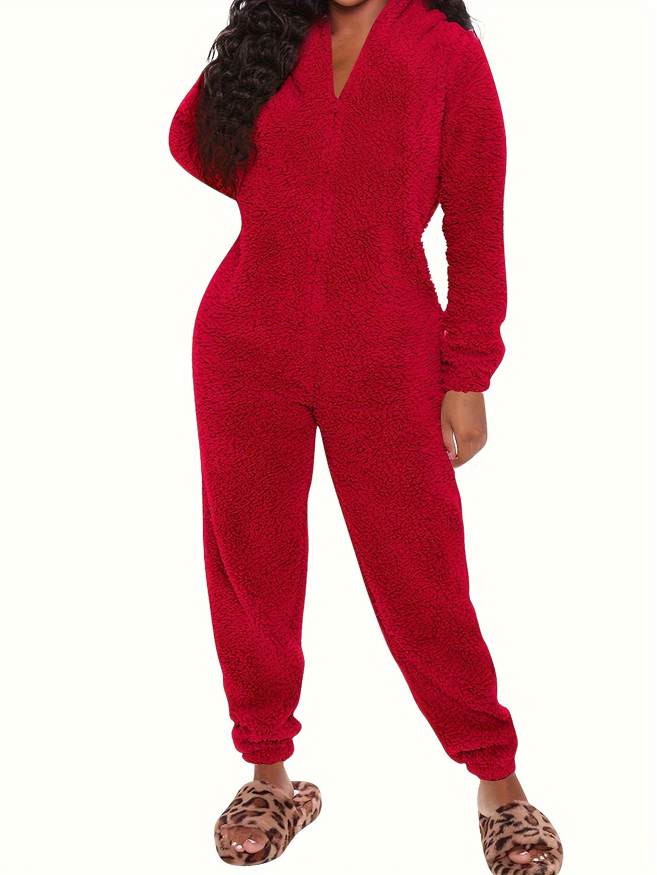 UK Size 6 Colors Fuzzy Hooded Pajama Jumpsuit For Music Festival, Comfy & Cute Long Sleeve Zipper Pajamas, Women's Lingerie & Sleepwear