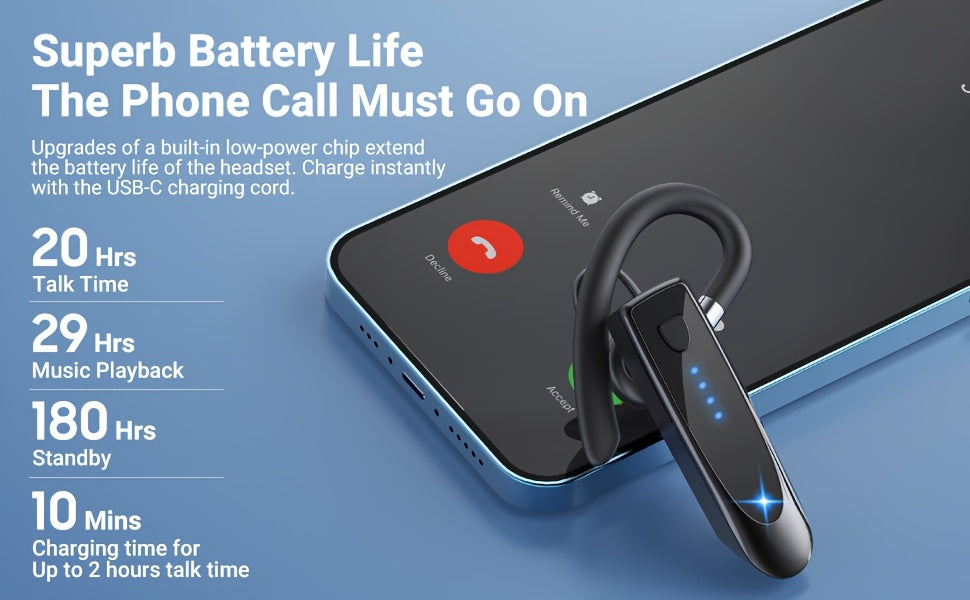 29Hr Music Playback Headphone with 180Hr Standby Time, Built-in Mic & Dual Device Connectivity, Lightweight In-Ear Design for Office, Trucker, Driver - USB Rechargeable
