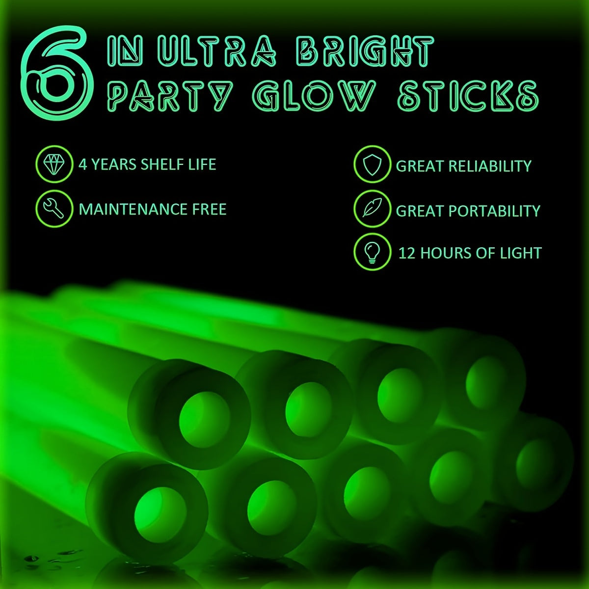 NEW 6 PCS Set 6-Inch Large Green Glow Sticks - Industrial-Grade, 12-Hour Extended Life - Ideal for Camping, Emergencies, Parties & More - Durable Chem Lights, Blackouts Repair No Power Needed, Camping Accessories
