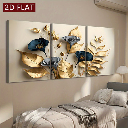 [2D Flat] Three Wooden Frame Canvas Wall Art - Modern Abstract Design Featuring Golden Leaves And Flowers, High-Definition 8K Odorless Indoor Wall Decoration, Suitable for Living Rooms, Bedrooms, And Offices - Contemporary Ho