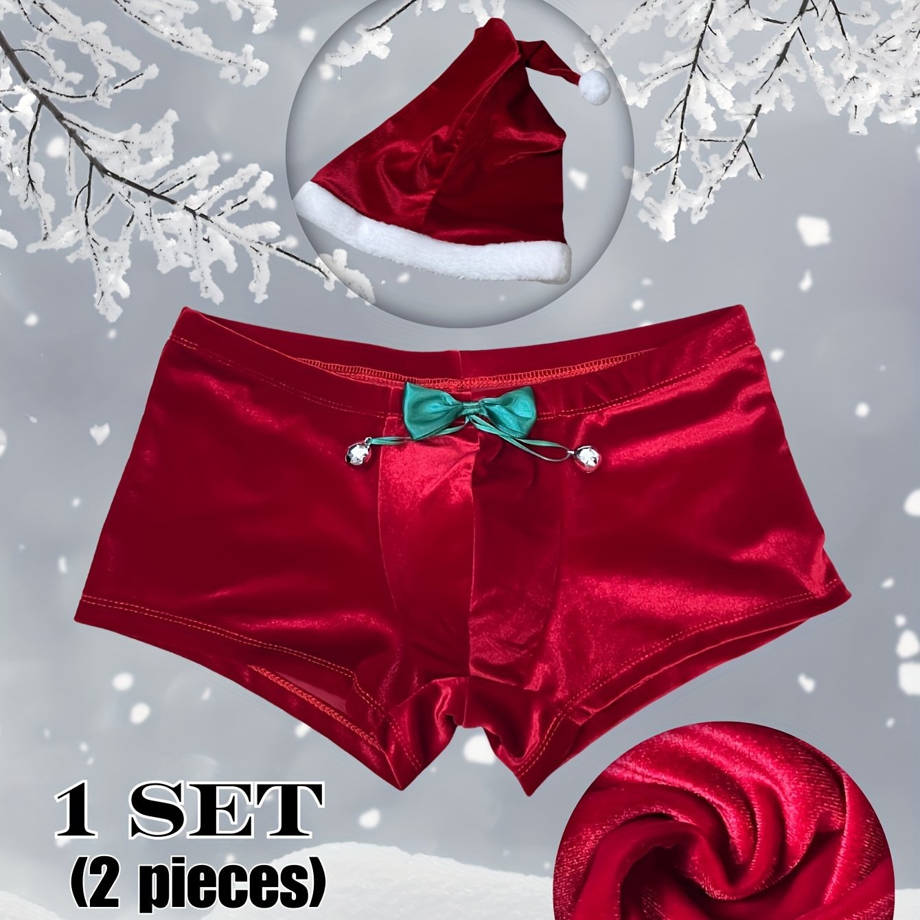 Christmas Hat Gift Set: Men's High-Quality Fleece Sexy Christmas Underwear with Bow & Bell, Includes Free Santa Cap – Light Beige-Friendly Smooth Fabric for Comfortable Wear. Perfect Attire Experience at Costume Parties Adu