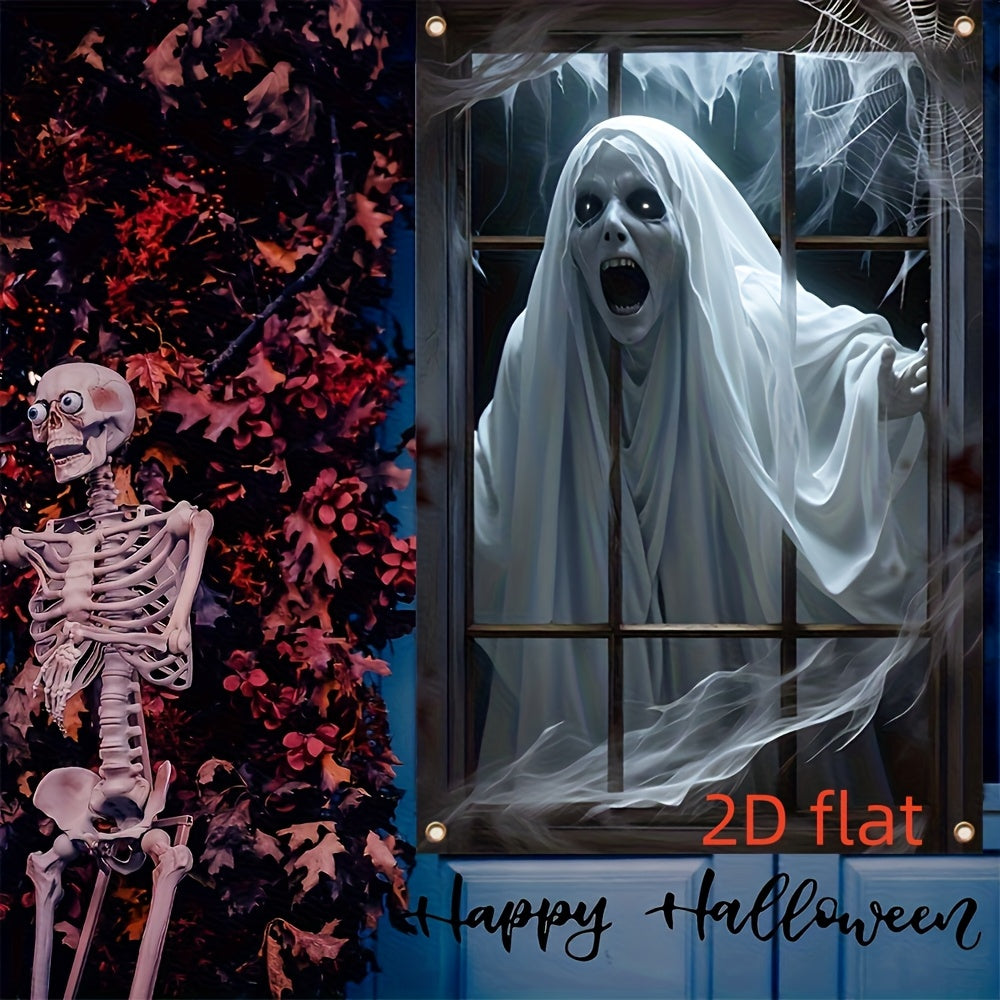 1-Pack Scary window banner - Halloween Decoration with Hanging Chains, No Electricity Needed, Easy to Hang Indoor/Outdoor - Spooky Party, Haunted House, Home Decor - Durable Polyester Fabric for Year-Round Halloween Displays,
