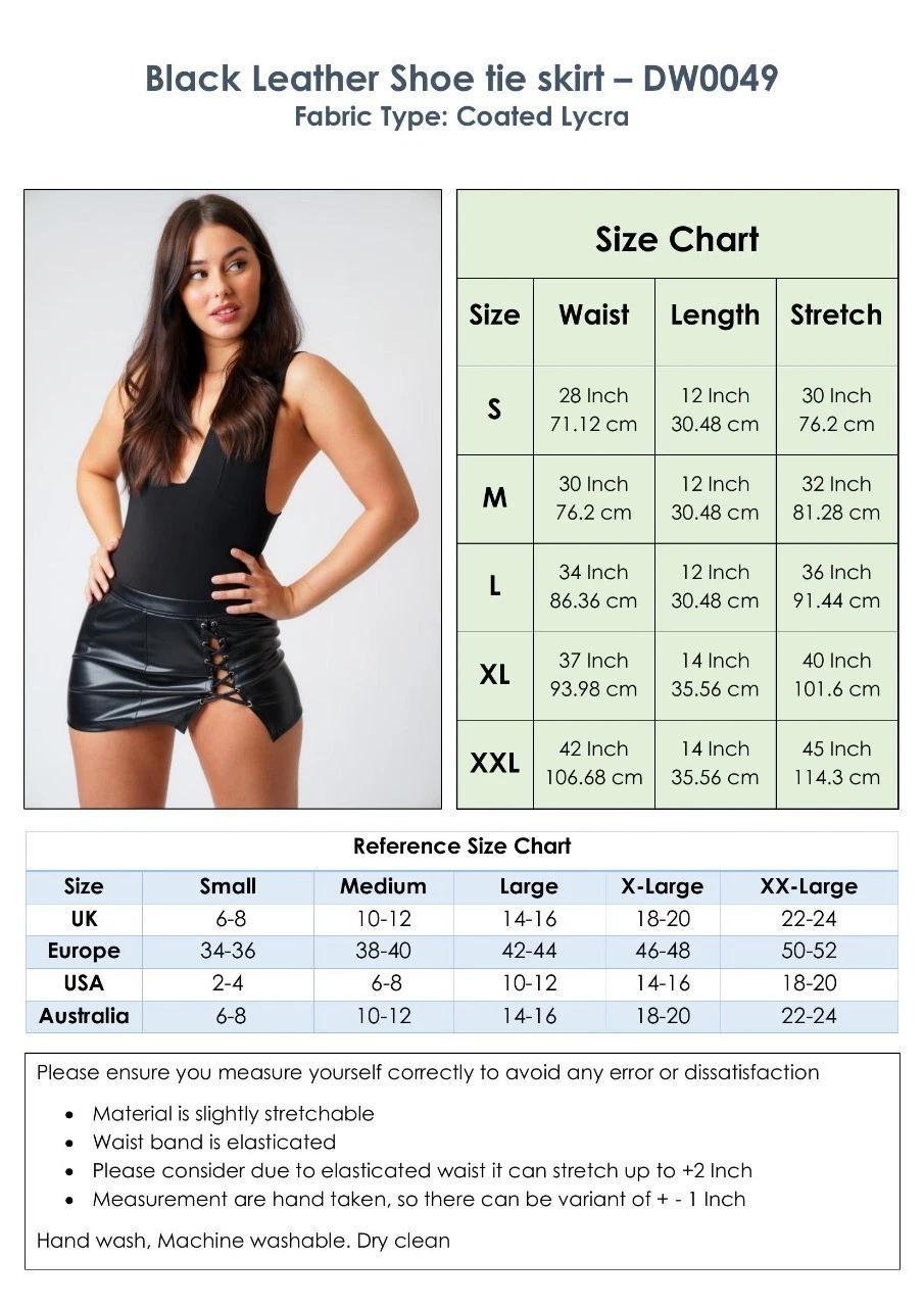 S-2XL Black Leather Look Shoe Tie Mini Skirt – Sexy Bodycon Clubwear High Waisted PU Leather Coated Lycra Micro Skirt with Side Lace Up Detail Elastic Waistband Stretch Fit Women's Short Fashion Party Night Out Mini Bottoms