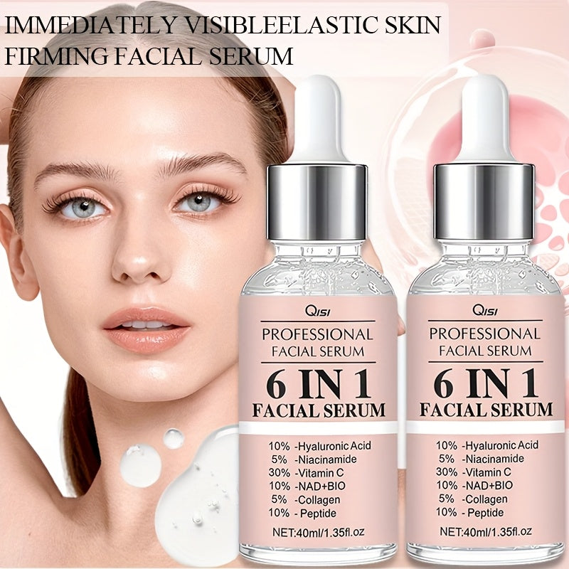 This Set Includes 2 Bottles of 6 IN 1 Facial Serum, Featuring Hyaluronic Acid, Collagen, Niacinamide, Peptides, And NAD+BIO. It Offers a Firming And Moisturizing Formula Suitable for All Light Skin Tones, Is Non-Irritating, A