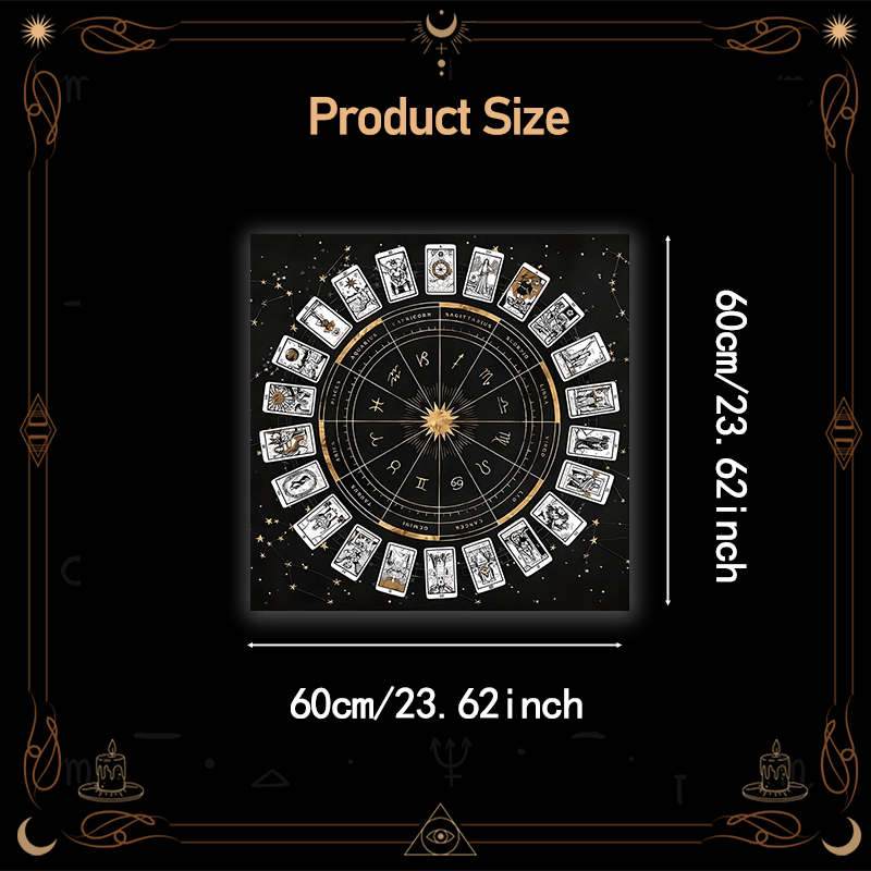 Zodiac Chart Tarot Tablecloth - Black & Golden Astrological layout with 12 Zodiac Signs - Heavy-Duty Machine-Washable Polyester Altar Cloth for Tarot, Astrology, Witchcraft, Meditation - Multiple Sizes (50x50/60x60/75x75/80x8