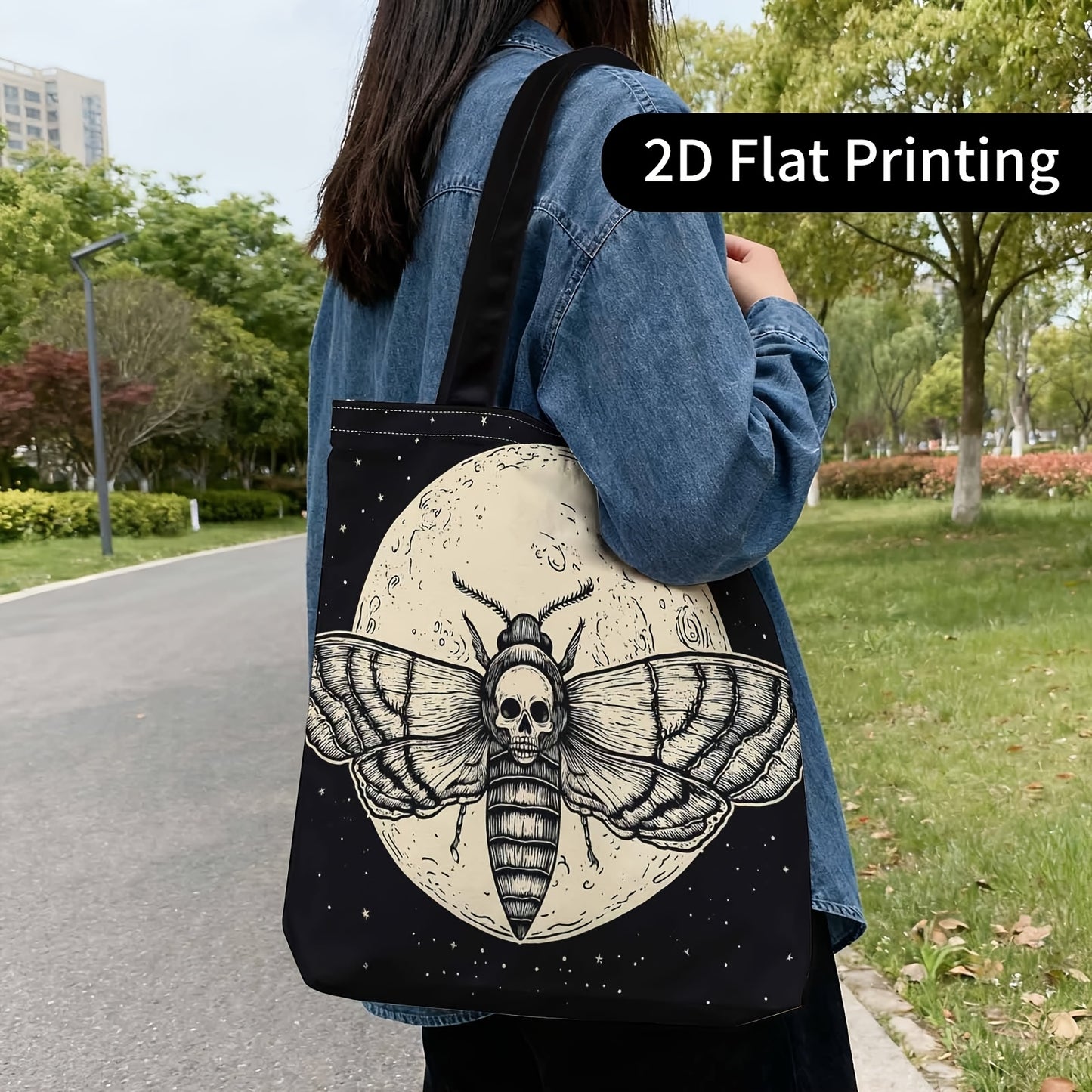 Gothic Moth & Skull Women's Tote Bag - Reusable Machine-Washable Lightweight Handbag with Moth Skull Moon Print, Casual Multifunctional Purse for Daily Use, Parties, Shopping