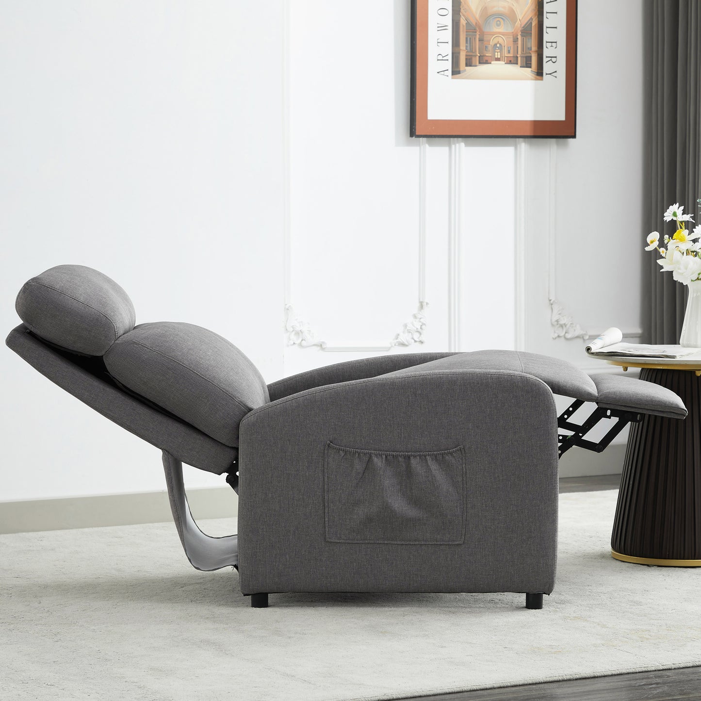 Push Back Recliner Chair Bed , Single Sofa with Lumbar Support, Padded Backrest, Side Pocket and Adjustable Leg Rest for Home Living Room