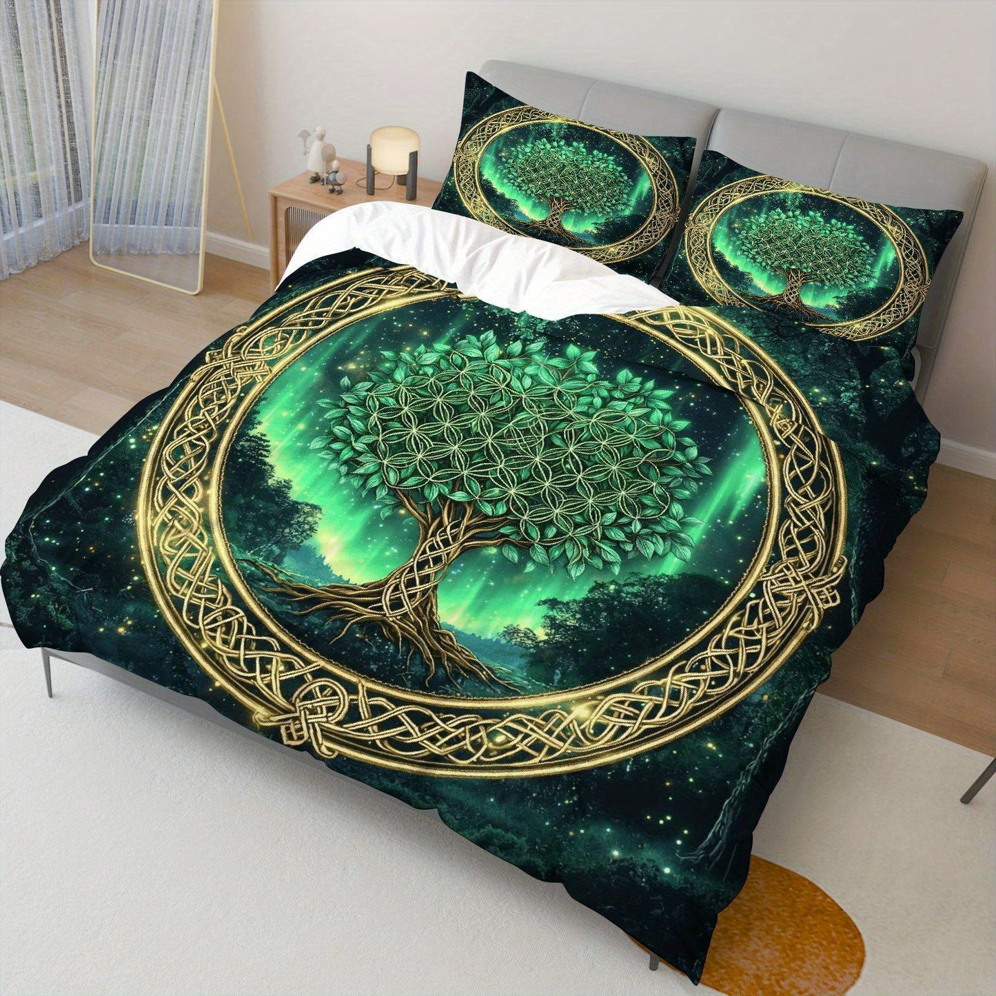 3 PCS Set *TREE OF LIFE* Duvet Cover Set, 1 Duvet+2 Pillowcases (Without Filler), Celtic Tree of Life Green Aurora Fantasy Theme, All Season Bedding Set, Mystical Forest Suitable for Decoration Bedroom Living Room Guest Room