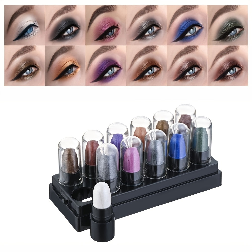 12 PCS -Colors Set Women Eyeshadow Stick Set - Long-Lasting, High-Gloss Glitter & Matte Finishes in Black, Gray, and Mixed Shades