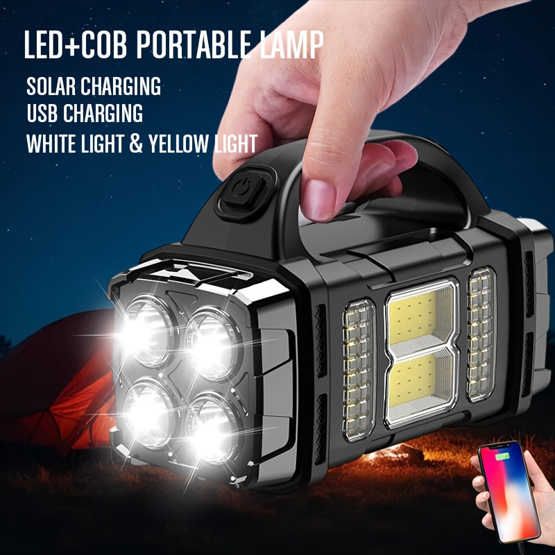Multi-functional Solar Portable light, LED & COB Emergency light, USB charging, IP65, Front And Rear Dual Light illumination, Can Charge Your Cell phone, White Light & Yellow Light flashlight, Suitable for camping, hiking, ma