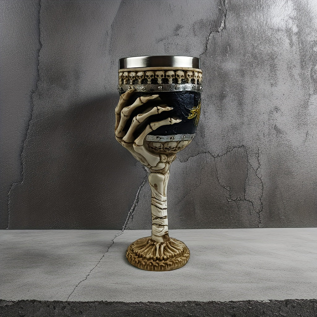 Secret Society Ceremonies Creative Skull Hand Goblet, 200ml Gothic Ossuary Palm Skull Skeletal Bones Armor Wine Cup Resin Body Stainless Steel Goblet Drinking Cup Party Drinkware Halloween