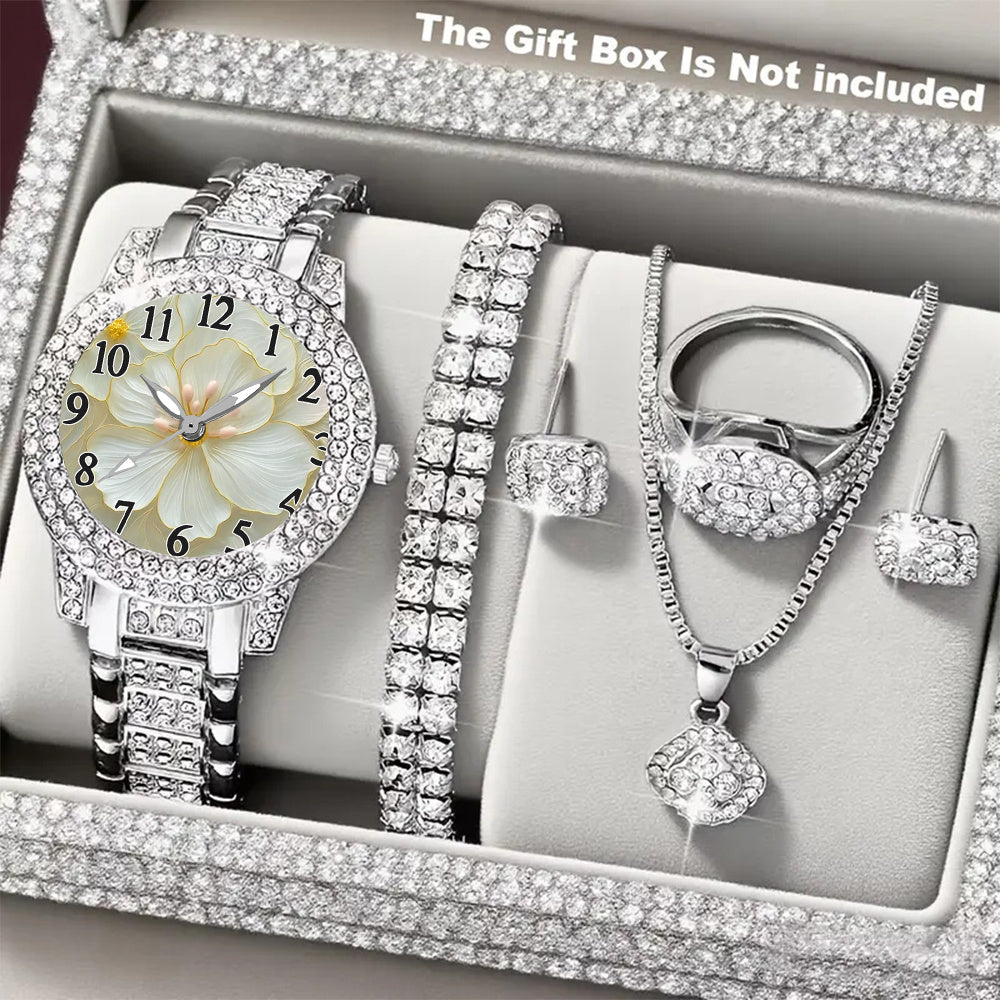 NEW 6 PCS Set Minimalist Quartz Watch & Gift Set - Stainless Shockproof Wristwatch with Matching Necklace, Earrings, Bracelet & Ring - Elegant Digital for Birthdays,, Graduations - Luxury Matching